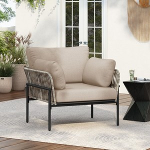 CAVINAS 1PC Outdoor Rattan Patio Chairs with Powder Coated Iron Frame & Cushions,Comfy Lounge Chair for Garden,Backyard,Balcony,Gray - 1 of 4