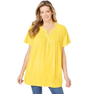 Woman Within Women's Plus Size Smocked Split Neck Tunic - 1 of 4