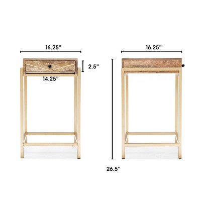 Sidney Beige Mango Wood and Gold Metal Storage Side Table