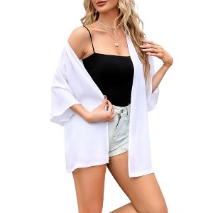 WhizMaxWomen's Cardigan Open Front Chiffon 3/4 Sleeve Cardigan Casual Sheer Beach Cover Ups - 1 of 4