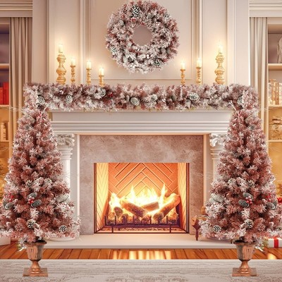 4 Pieces Christmas Tree Decoration Set,Christmas Garland, Wreath and Set of 2 Entrance Trees,Snow Flocked Christmas Tree for Front Door Fireplace
