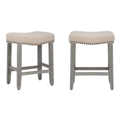Modern Farmhouse 24" Beige Wood Saddle Seat Counter Stools - Set of 2