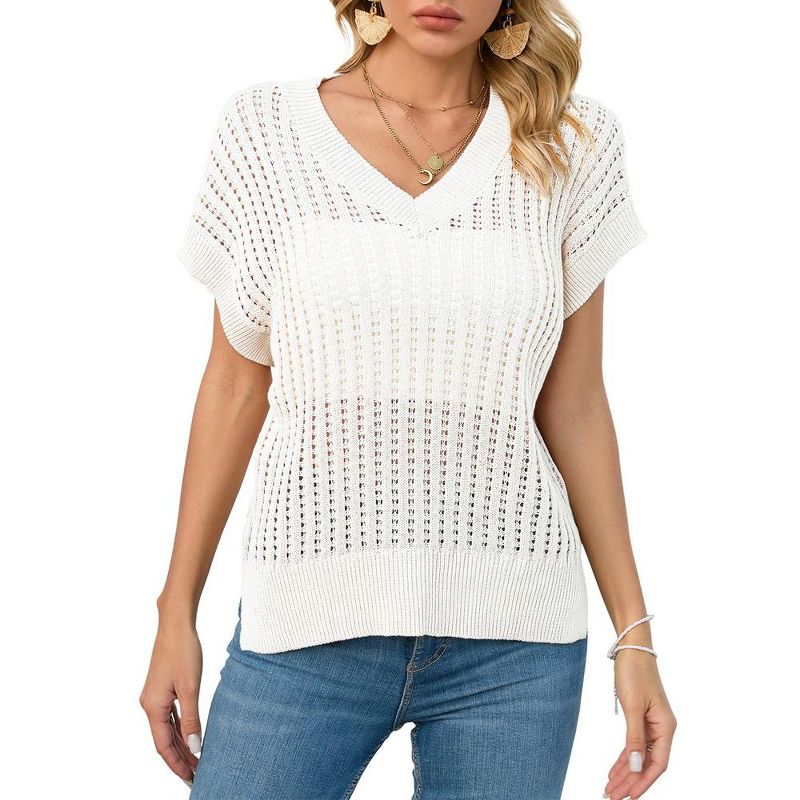 Whizmax Womens V Neck Summer Pullover Sweater Vests Cap Sleeve Tops Casual Loose Fit Lightweight Knit Vest Tops, 1 of 7