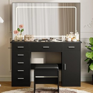 Acekool Black Vanity Desk with Mirror and Lights, 7 Drawers, 3-Color LED, Charging Station, Hairdryer Holder, Upholstered Stool - 1 of 4