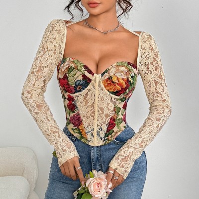 Garvee Lace Corset Top for Women Long Sleeve Ruffle Trim Bustier V Neckline Romantic Sexy Crop Top