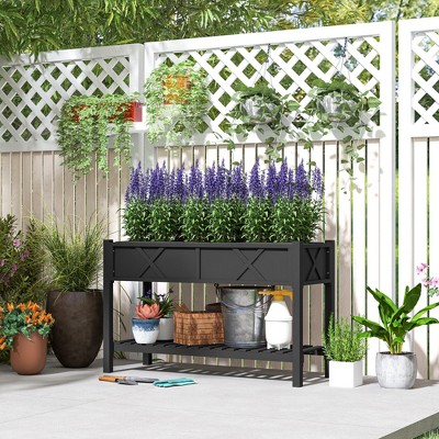 Black Wooden Raised Planter Box with Storage Shelf