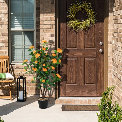 40" Orange Faux Camellia Tree in Black Pot