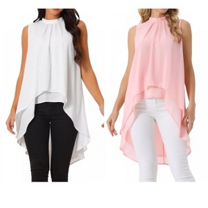 INSPIRE CHIC Women's Casual Tie Back Asymmetrical High Low Sleeveless Mock Neck Flowy Blouse 2 Packs - 1 of 4
