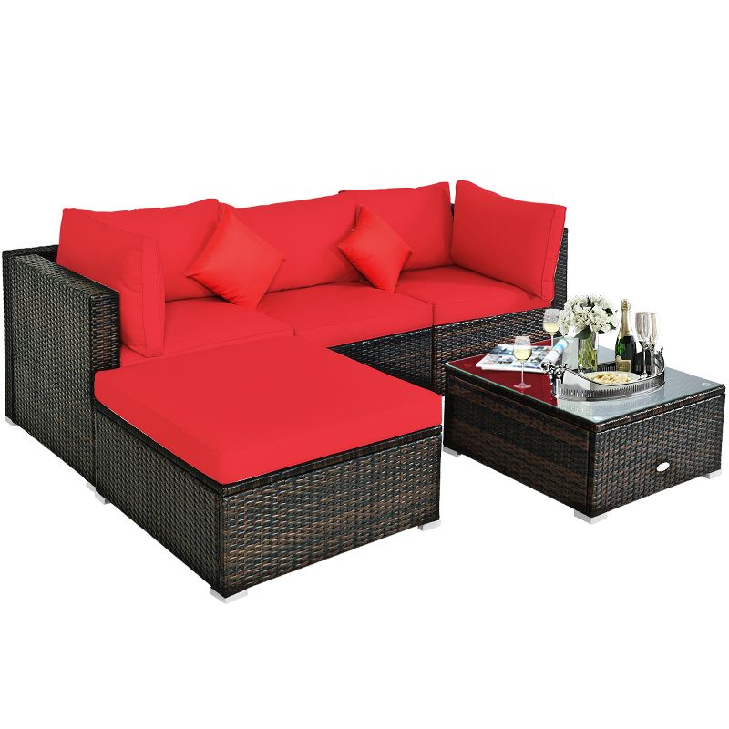 Tangkula Outdoor Rattan Sectional Loveseat Couch Conversation Sofa Set with Storage Box &Coffee Table Red/Navy/Turquoise, 1 of 7