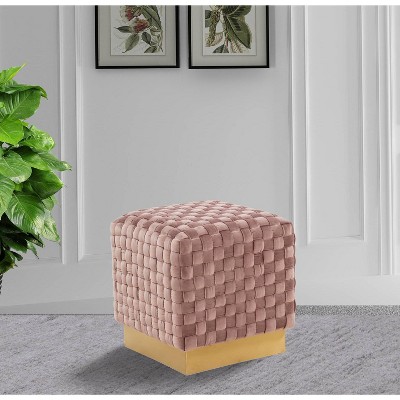 LeisureMod Myrtle 19" Square Weave Design Velvet Ottoman With Gold Base