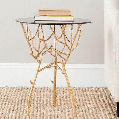 18" Transitional Black and Gold Round Metal & Glass Accent Table