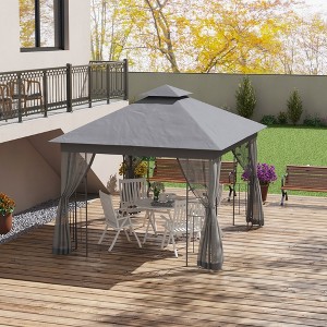Gulches 10' x 11.5' Metal Patio Gazebo, Double Roof Canopy Shelter with Tree Motifs and Netting for Garden, Lawn, Backyard, Deck (Gray) - 1 of 4