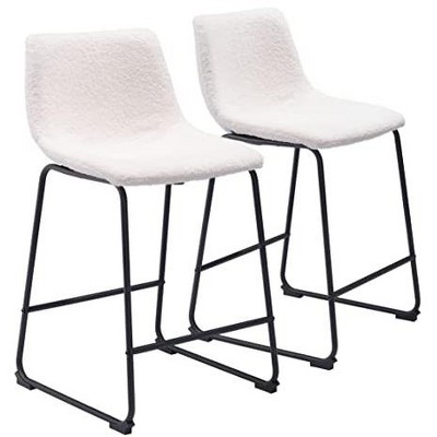 Ivory Upholstered Counter Stools with Black Metal Base, Set of 2