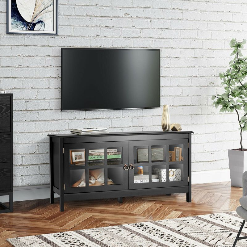 Tangkula 50" TV Stand Modern Wood Storage Console Entertainment Center w/ 2 Doors Black, 2 of 11