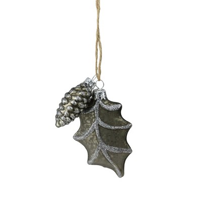 Melrose 4" Speckled Country Rustic Style Leaf and Pinecone Glass Christmas Ornament - Pewter Gray