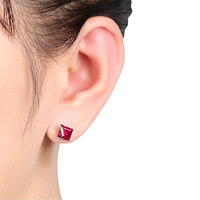 2.3 CT. T.W. Square Simulated Ruby Stud Earrings in Sterling Silver - White, 3 of 4