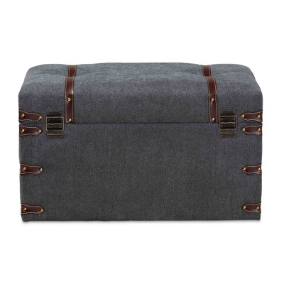 Palma Gray Fabric Upholstered Storage Trunk Ottoman with Brass Accents