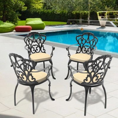 DOMETOUR Cast Aluminum Patio Dining Chair Set of 4 with Black Frame and Cushions in Random Colors