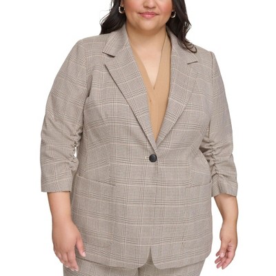 Calvin Klein Womens Ruched Sleeve Glen Check One Button Blazer Jacket