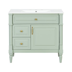 Gulches 36 in 18 in Undermount Rectangular Bathroom Sink in Green Solid Rubberwood MDF Ceramic with 3 Drawers Adjustable Shelf Metal Handles - 1 of 4