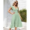 WhizMax Summer Women's V Neck Short Sleeve Dress High Waist A line Dress Flowy Ruffle Shirred Swing Midi Dresses - 4 of 4