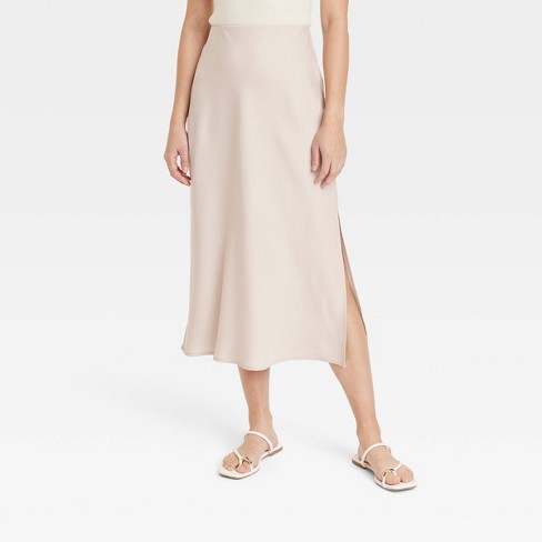 Pleat and Greet Champagne Pleated Satin Midi Skirt