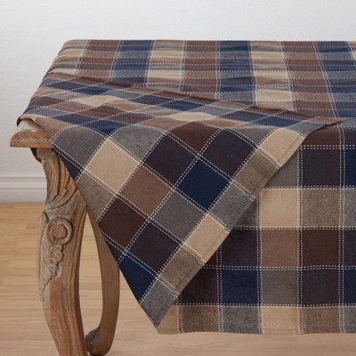 Brown and Beige Plaid Cotton Blend Square Tablecloth