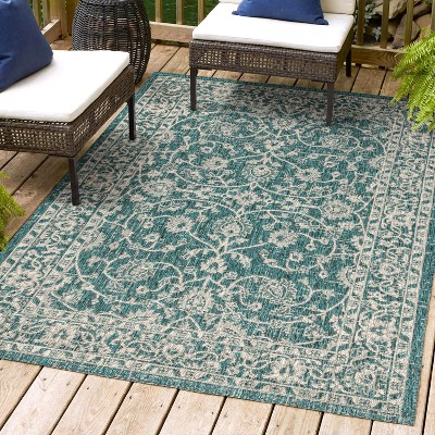 Elegant Teal & Gray Hand-Woven 4'x6' Synthetic Outdoor Area Rug