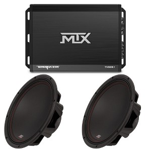 MTX TERMINATOR 500-Watt RMS 2Ω Mono Block Class D Amplifier and Two MTX Audio 3512-04 35-Series 12" 250W RMS 4-Ohm Subwoofer - 1 of 4