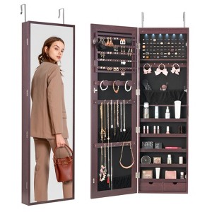 VEVOR Mirror Jewelry Cabinet, 47.05-Inch Tall Lockable Jewelry Cabinet Armoire with Full-Length Mirror, Wall or Door Mounted Jewelry Mirror, Brown - 1 of 4