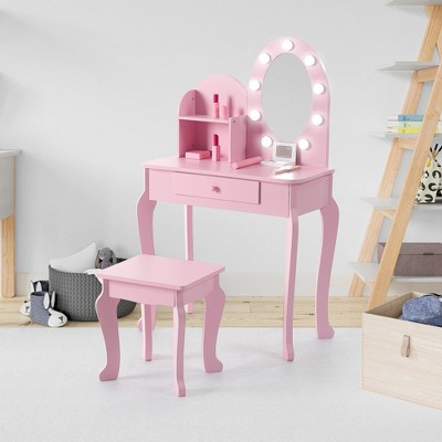 Toddler Vanity and Stool, Lighted Mirror Vanity for Little Girls, Makeup Play Table for Girls 3+