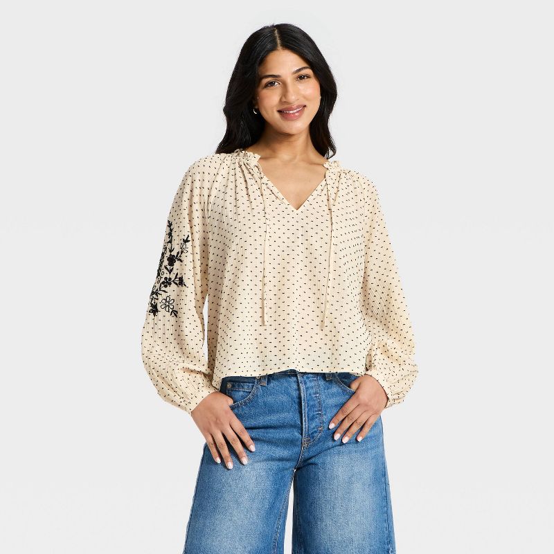 Women's Bishop Long Sleeve Embroidered Cutwork V-Neck Blouse - Universal Thread™ Cream Polka Dots XS