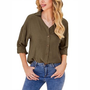 MISSKY Womens Button Down Shirt Linen Button Up Shirts for Women Long Sleeve Dress Shirt Collared Blouse Tops Tunics - 1 of 4