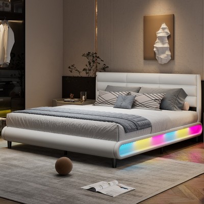 TiramisuBest King Size Upholstered Platform Bed with LED Light Strips,Beige