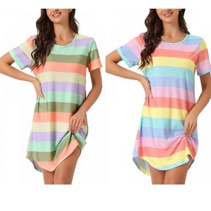 INSPIRE CHIC Women's 2 Pcs Curved-Hem Crew-Neck Striped Short-Sleeve Tee Dress Sleepshirt - 1 of 4
