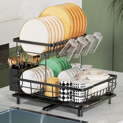 SKONYON Dish Drying Rack 2-Tier Detachable Stainless Steel Rack with Cutlery Box and Cup Holder