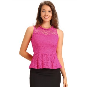 INSPIRE CHIC Women's Ruffle Neck Keyhole Back Sleeveless Floral Lace Peplum Blouses - 1 of 4