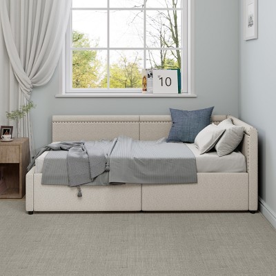 Modern Twin Size L-Shaped Daybed, Linen Upholstered Corner Bed with Two Storage Drawers, Left or Right Corner Option, Beige/Gray - ModernLuxe