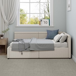 Modern Twin Size L-Shaped Daybed, Linen Upholstered Corner Bed with Two Storage Drawers, Left or Right Corner Option, Beige/Gray - ModernLuxe - 1 of 4
