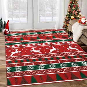 Christmas Area Rug, Washable Ultra-Thin Non-Slip Holiday Carpet with Reindeer & Snowflake Print for Living Room Bedroom Entryway, Red - 1 of 4