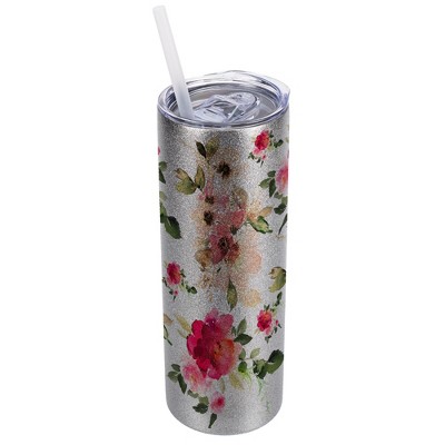 Elanze Designs Silvertone Sparkle 20 Ounce Double Wall Stainless Steel Glitter Travel Tumbler With Sliding Lid And Straw, Floral
