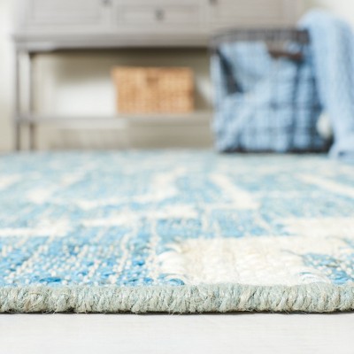 Blue and Ivory Geometric Hand-Woven Natural Fiber Runner Rug