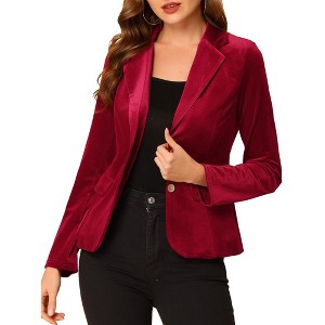 INSPIRE CHIC Women's Notched Lapel Vintage Office Button Front Velvet Blazer - 1 of 4