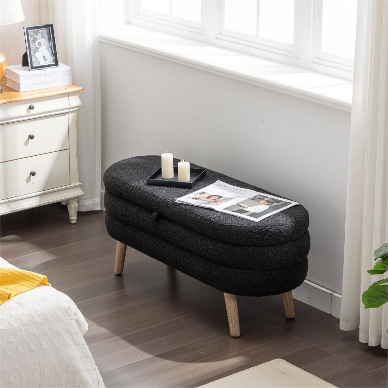 Boucle Storage Bedroom Bench,Indoor Oval Storage Bench with Solid Wood Legs-Maison Boucle, 2 of 9