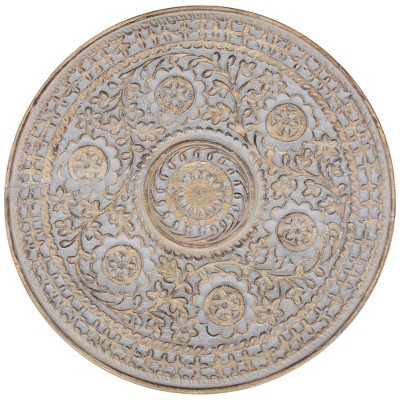 21" Natural Wood Floral Carved Round Pedestal Side Table