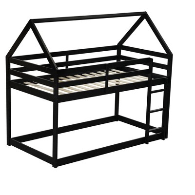 Dolonm Twin over Twin Rubber Wood Floor Bunk Bed, with ladder,Guardrails,House-Shaped-Bunk Bed