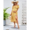 Maternity Dress for Women Summer Off Shoulder Floral Short Sleeve Midi Maternity Dress Ruffled Dress with Thigh Slit - 3 of 4