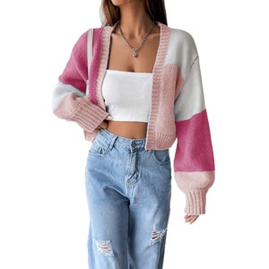 Womens Sweater Cardigan Long Sleeve Cropped Cardigan Color Block Open Front Sweater with Lantern Sleeve Trendy Sweaters - 1 of 4