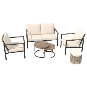 YARDSIGHT 5-Piece Patio Conversation Set with Loveseat, 2 Armchairs, Ottoman, and Nesting Coffee Tables ¨C Blue Cushions & Handwoven Rattan - 1 of 4