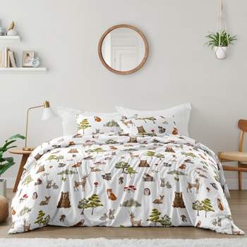 Sweet Jojo Designs Gender Neutral Unisex Full/Queen Comforter Bedding Set Watercolor Woodland Forest Animals Green Brown White 3pc